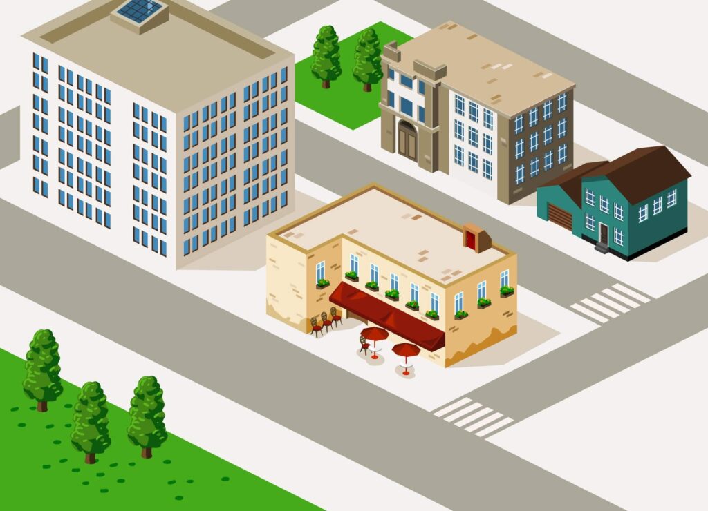 bird's-eye view of illustrated buildings on street corner