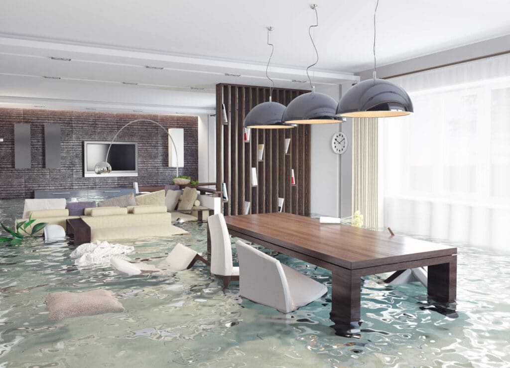 A dining room flooded with water