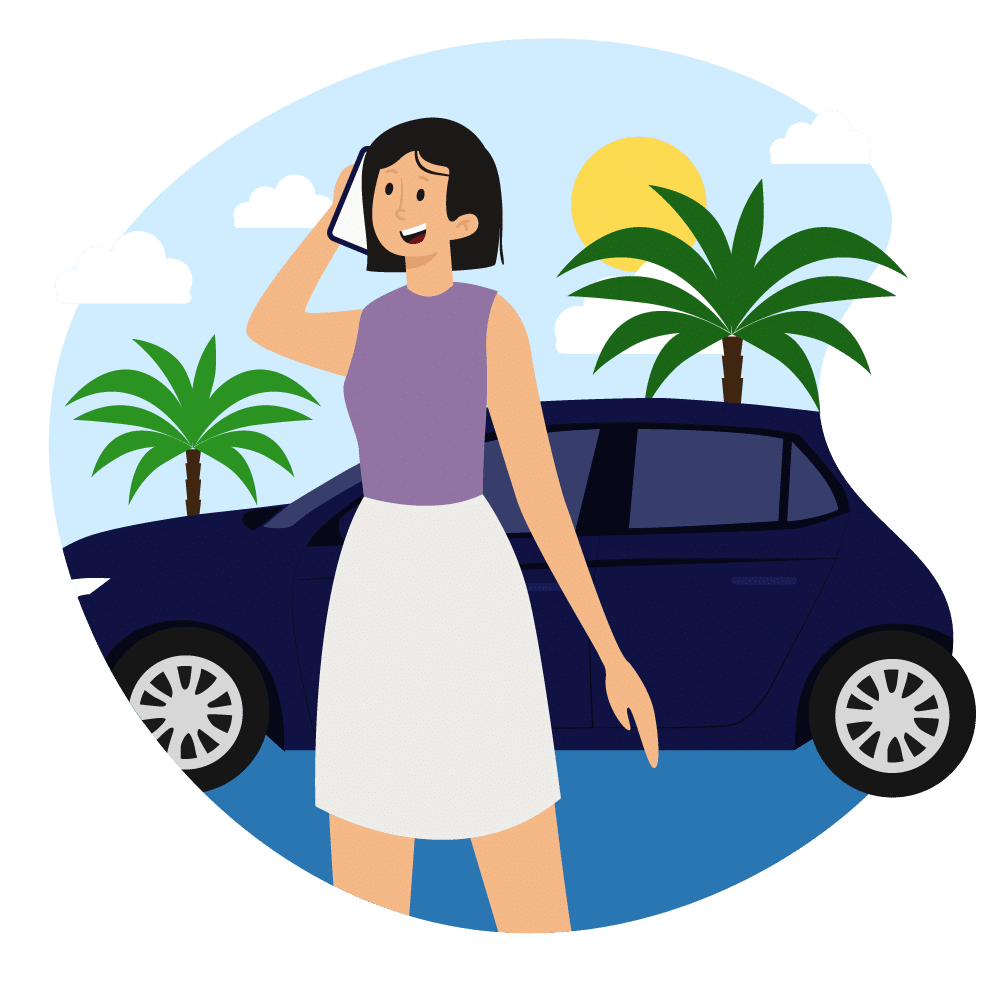 Cartoon woman on the phone standing next to her car.