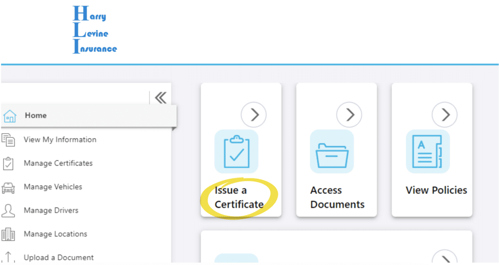 screenshot showing how to issue a certificate of insurance