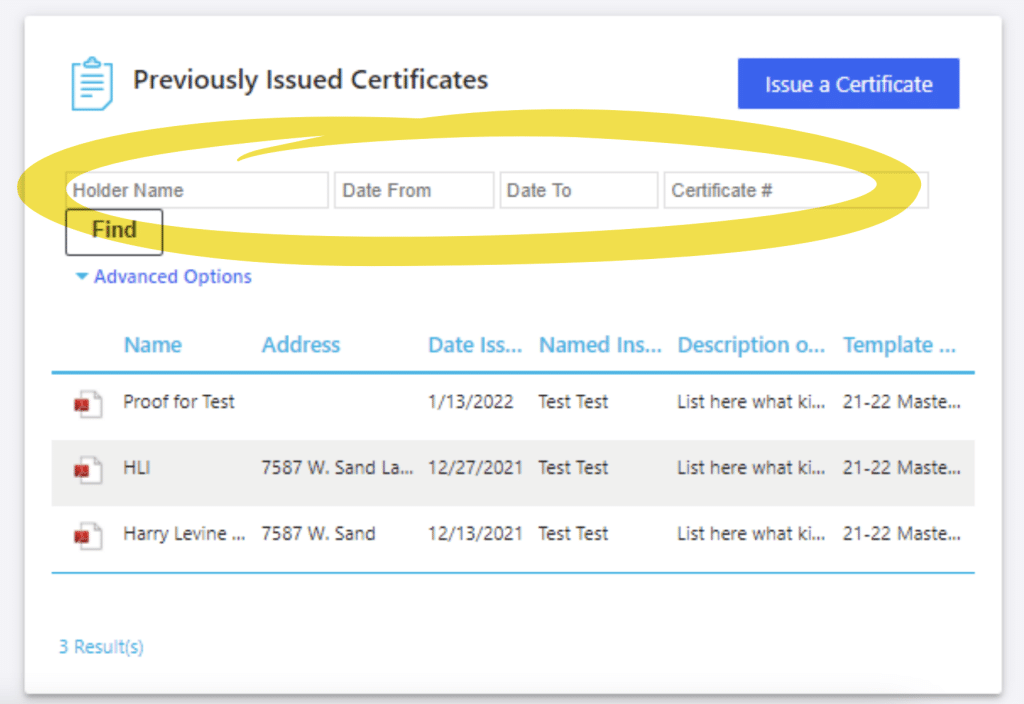 A screenshot showing how to search through previously issued certificates of insurance