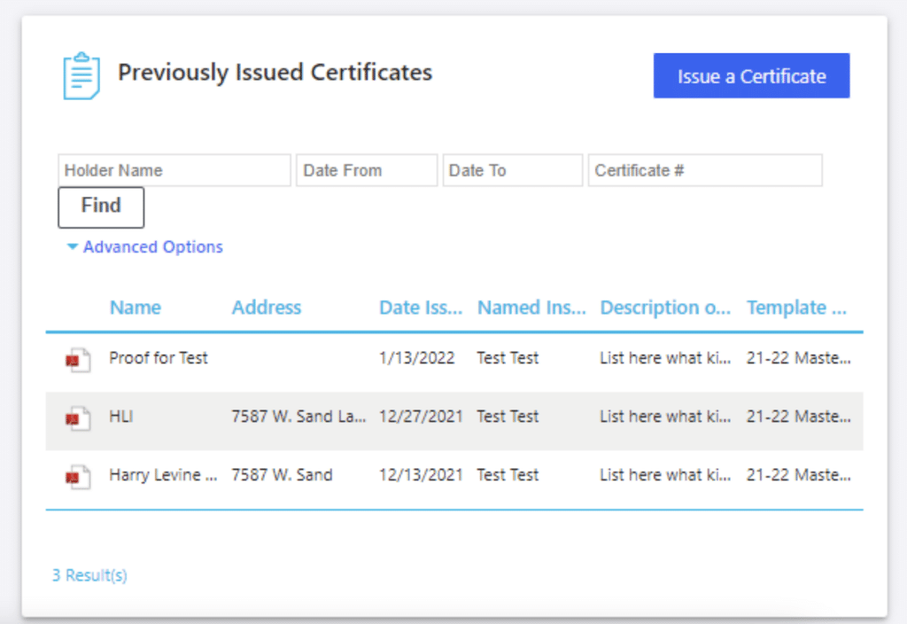 screenshot showing the screen that lists previously issued certificates of insurance