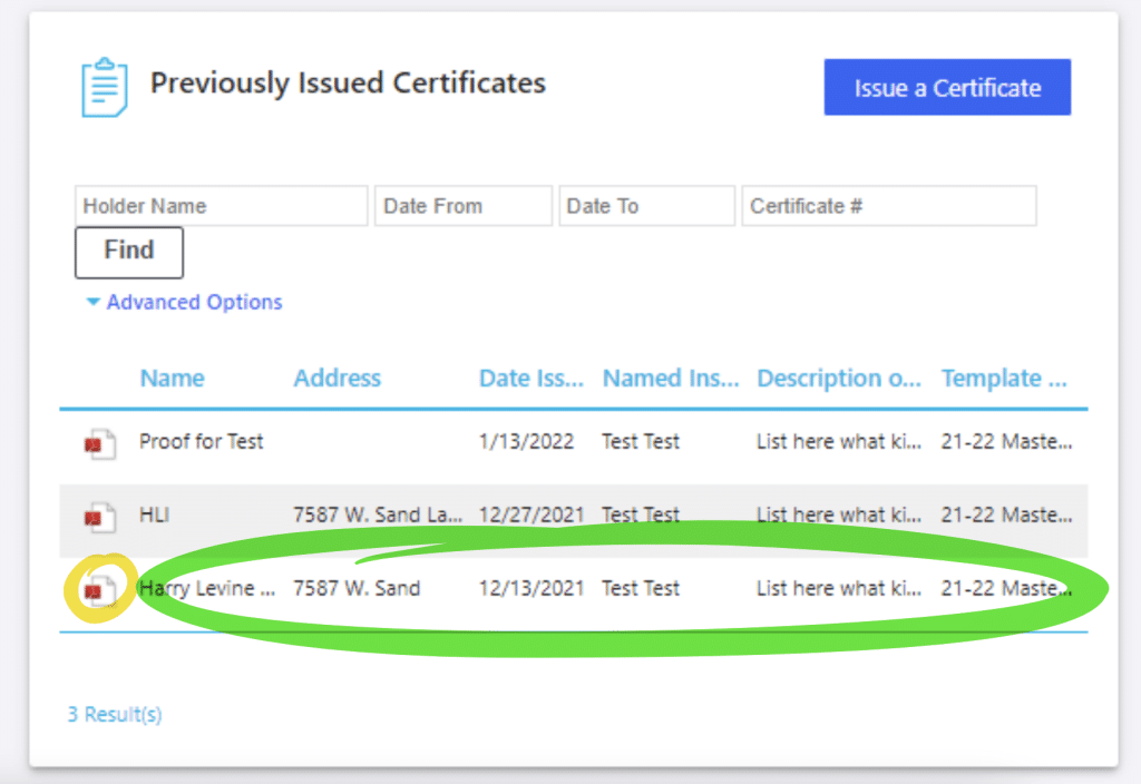 screenshot showing what the screen that shows previously issued certificates of insurance looks like