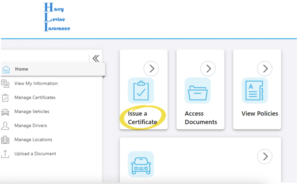 Screenshot showing how to request a Certificate of Insurance