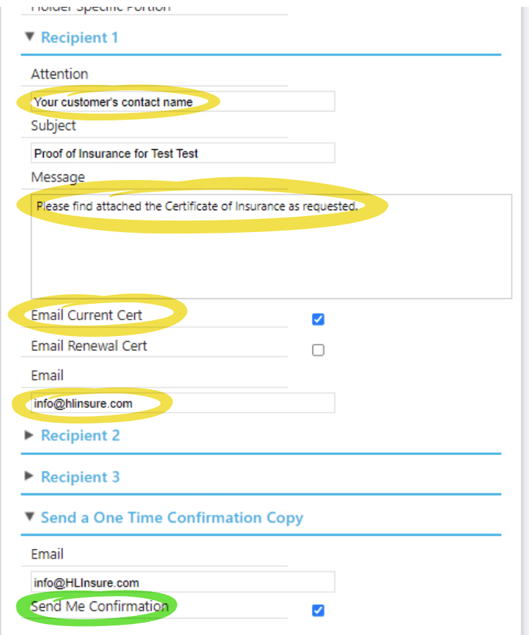 A screenshot showing the important fields that must be filled out when issuing a certificate of insurance