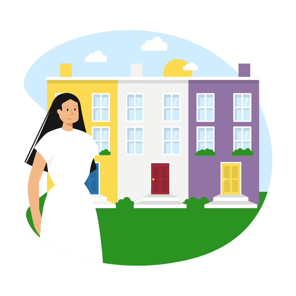 Illustration of a woman standing outside of a condo unit