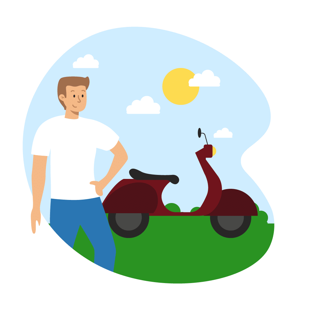 cartoon man standing next to motorcycle