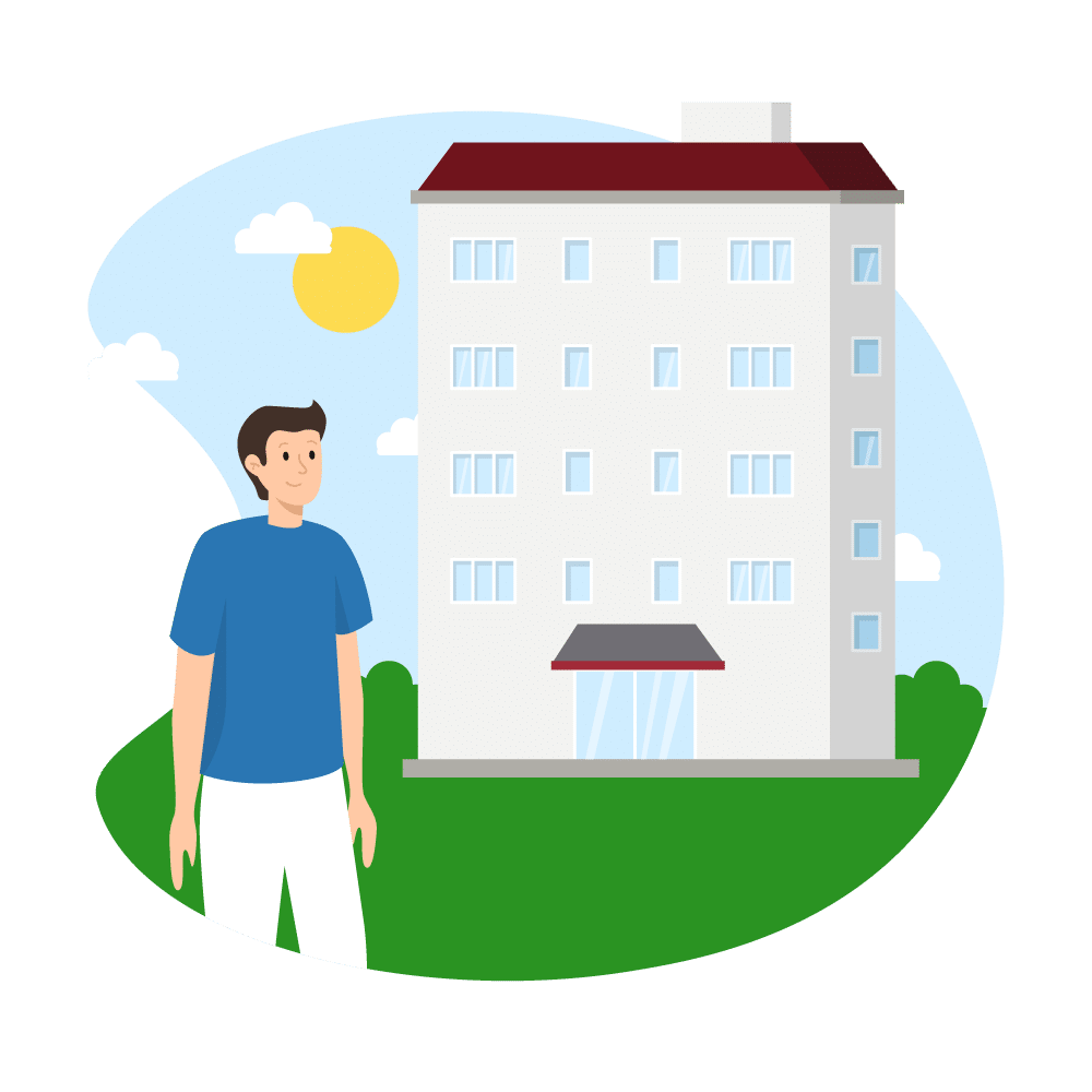 An illustration of a man outside of a large apartment building