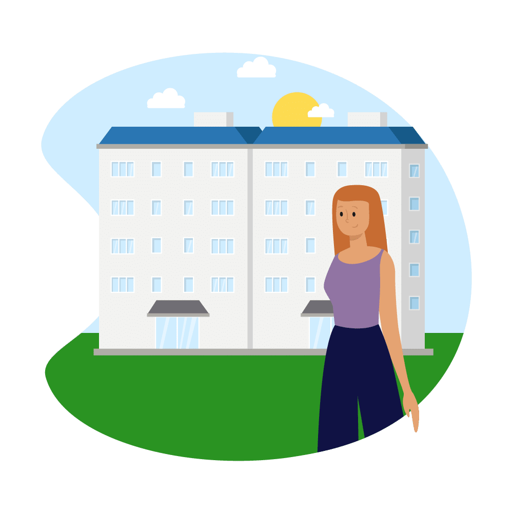 A cartoon woman standing outside of an apartment building
