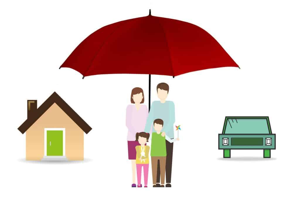 A family of four stands under an umbrella in between a house and car to signify an umbrella insurance policy