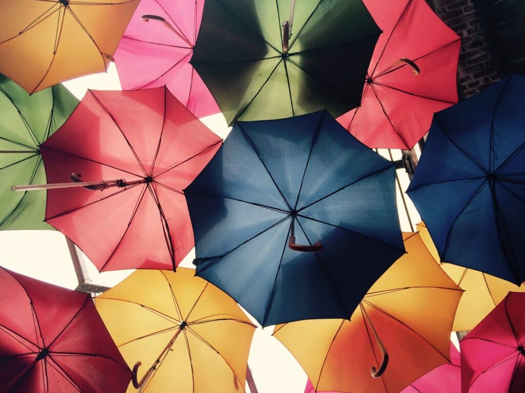 the underside of multiple umbrellas